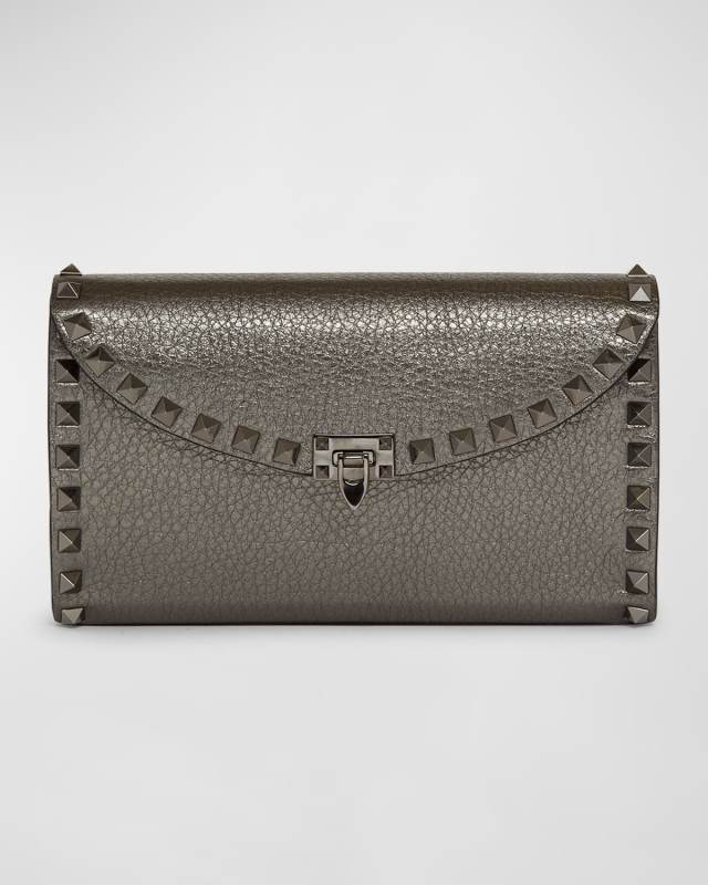 Rockstud Metallic Leather Wallet on Chain